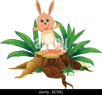 Illustration of a rabbit above a stump on a white background Stock Vector