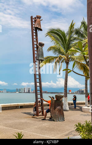 PUERTO VALLARTA, MEXICO - SEPTEMBER 6, 2015: Searching for Reason statue at Puerto Vallarta, Mexico. Sculpure was made by Sergio Bustamante in 2000. Stock Photo