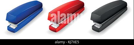 Illustration of the three different colors of staplers on a white background Stock Vector