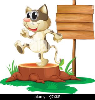Illustration of a cat above a trunk near an empty board on a white background Stock Vector