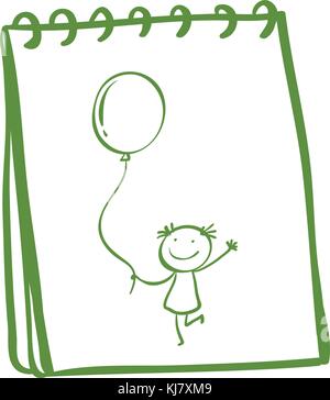 Illustration of a notebook with a sketch of a young girl with a balloon on a white background Stock Vector