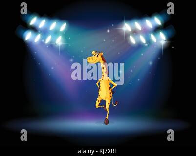 Illustration of a giraffe dancing on the stage with spotlights Stock Vector