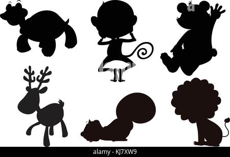 Illustration of the different animals in black, gray and brown colors on a white background Stock Vector