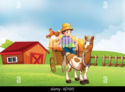 Illustration of a farmer riding in a carriage with a chicken at the ...