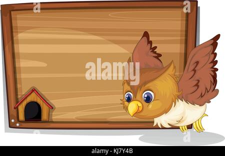 Illustration of an owl flying near the wooden board on a white background Stock Vector
