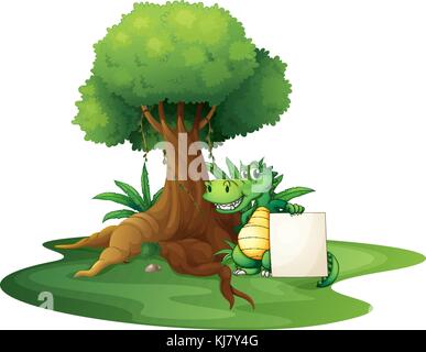 Illustration of a crocodile holding an empty signage under the tree on a white background Stock Vector