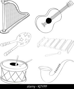 Illustration of the silhouettes of the different kinds of musical instruments on a white background Stock Vector