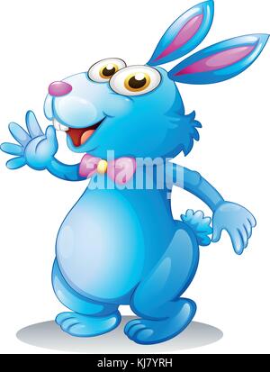 Illustration of a blue bunny waving on a white background Stock Vector