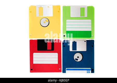 colorful computer floppy disks on a composition isolated on a white background. Stock Photo