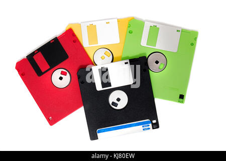 colorful computer floppy disks on a composition isolated on a white background. Stock Photo