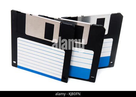 colorful computer floppy disks on a composition isolated on a white background. Stock Photo