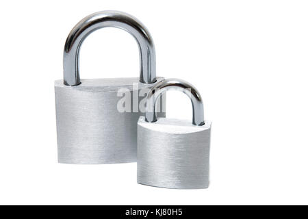 Close up view of two padlocks on a white background. Stock Photo