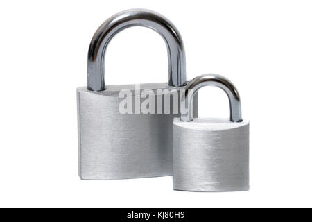 Close up view of two padlocks on a white background. Stock Photo