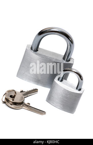 Close up view of two padlocks on a white background. Stock Photo