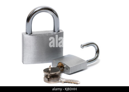 Close up view of two padlocks on a white background. Stock Photo