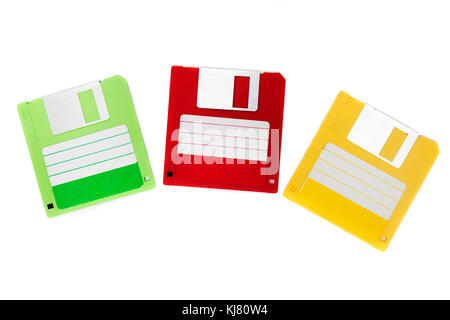 colorful computer floppy disks on a composition isolated on a white background. Stock Photo
