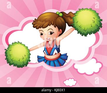 Illustration of a cheerleader with green pompoms inside a cloud Stock Vector