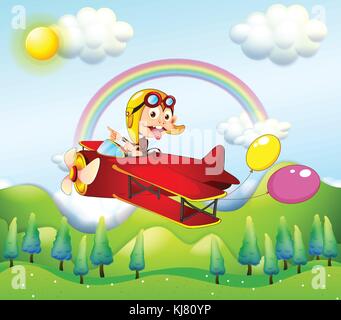 Illustration of a monkey riding on a red plane with two balloons Stock Vector