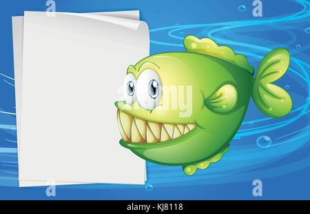 Illustration of a green piranha beside an empty signboard Stock Vector