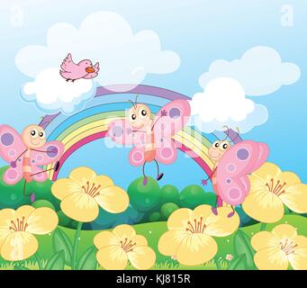 Illustration of a garden with butterflies and a bird Stock Vector
