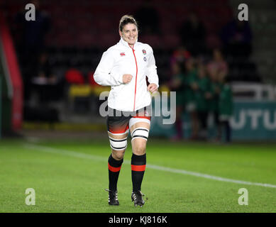 England's Sarah Hunter runs out for her 100th cap during the Old Mutual Wealth Series match at Allianz Park, London. Stock Photo