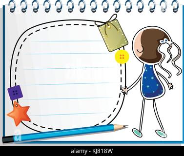 Illustration of a notebook with a sketch of a girl in a blue dress on a white background Stock Vector