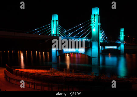 Bridge over Brazos River illuminated by LED in Waco, Texas / Light painted bridge Stock Photo