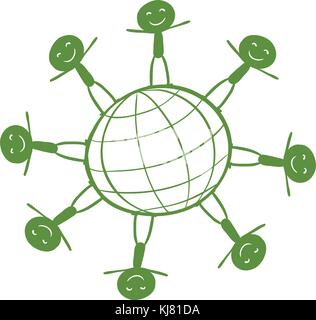 Illustration of the kids around the green globe on a white background Stock Vector