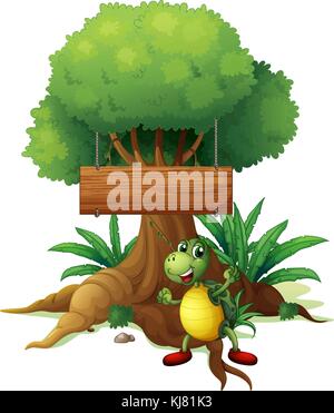 Illustration of a turtle under the big tree with a wooden signboard on a white background Stock Vector