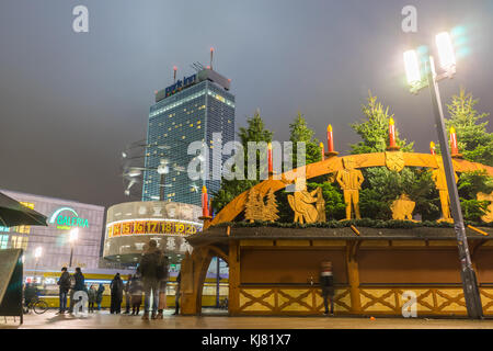 View over Alexanderplatz in Berlin at night with the World time clock (Weltzeituhr) and the Park Inn Hotel and the Kaufhaus Galeria, Berlin, Germany Stock Photo