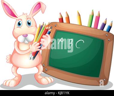 Illustration of a bunny with coloring pens beside a blackboard on a white background Stock Vector