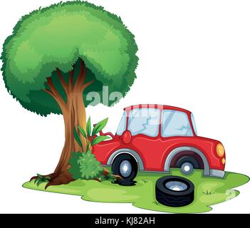 Illustration of a red car bumping on a tree on a white background Stock Vector