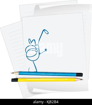 Illustration of a paper with a sketch of a little boy doing a handstand Stock Vector