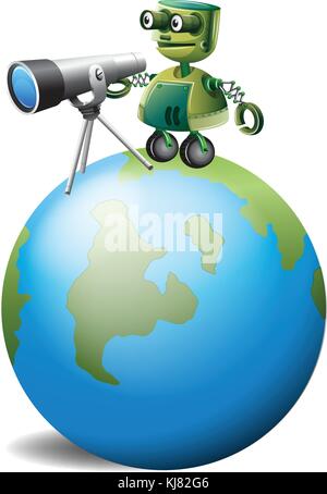 Illustration of a robot with a telescope above the globe on a white background Stock Vector