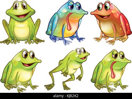 Illustration of the six different frogs on a white backgrounds Stock Vector