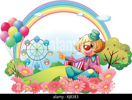 Illustration of a clown in the garden with a carnival at the back on a ...