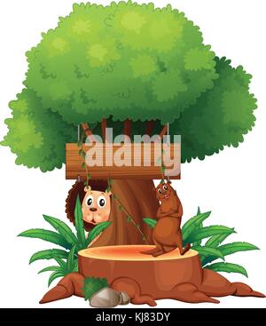 Illustration of a tree with animals and an empty signboard on a white background Stock Vector