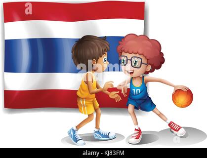 Illustration of the two boys playing basketball in front of the Thailand flag on a white background Stock Vector