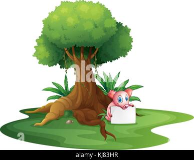 Illustration of a pig holding an empty signage under the big tree on a white background Stock Vector