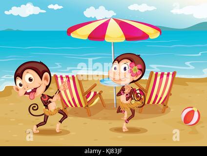 Illustration of a beach with two monkeys Stock Vector