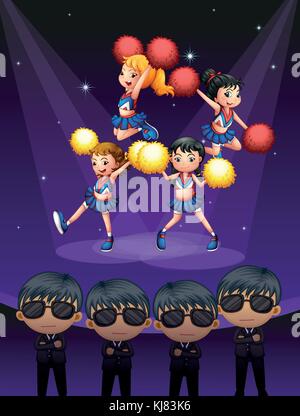 Illustration of of the four cheerdancers dancing with spotlights Stock Vector