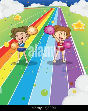Illustration of the two young cheerleaders dancing at the colorful road Stock Vector