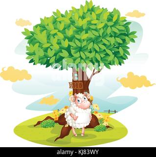 Illustration of a sheep holding an empty signboard beside a treehouse on a white backgrund Stock Vector