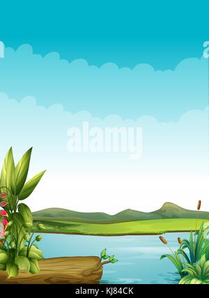 Ilustration of a river with plants and a wood Stock Vector