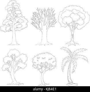 Illustration of a doodle set of trees on a white background Stock Vector