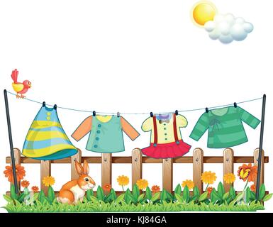Illustration of a bunny below the hanging clothes on a white background Stock Vector