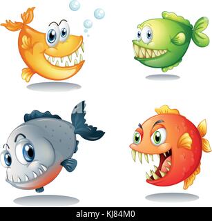 Illustration of the four different kinds of fishes with big fangs on a white background Stock Vector
