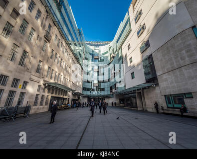 BBC headquarters, a renovated Portland Stone edifice with cutting-edge studios and a public piazza. Portland Place, London, UK Stock Photo