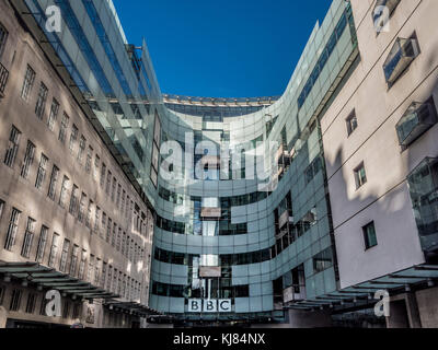 BBC headquarters, a renovated Portland Stone edifice with cutting-edge studios and a public piazza. Portland Place, London, UK Stock Photo