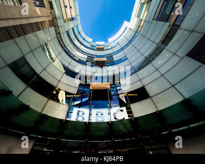 BBC headquarters, a renovated Portland Stone edifice with cutting-edge studios and a public piazza. Portland Place, London, UK Stock Photo